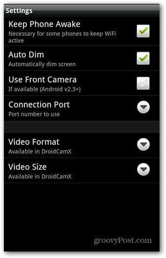 DroidCam Android app settings