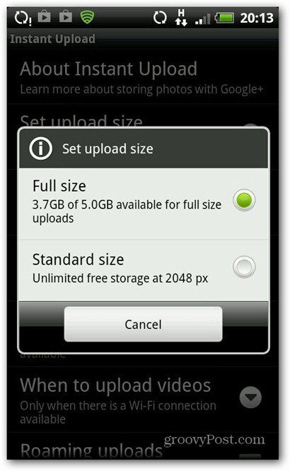 Google Plus Instant upload size choose