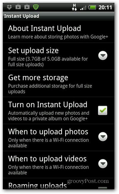 Google Plus Instant Upload settings menu