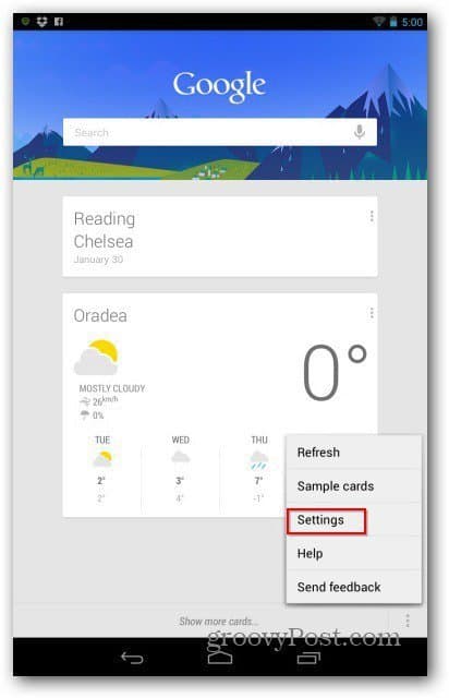 Google Now settings menu