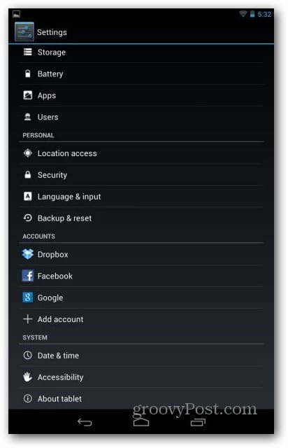 Nexus 7 user accounts - settings user