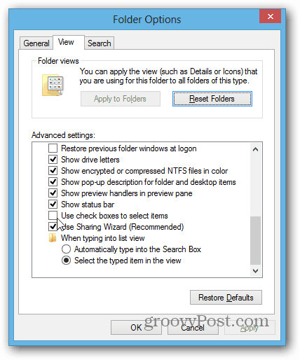 Folder Options Screen