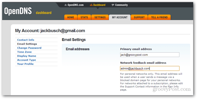change opendns network admin email addy
