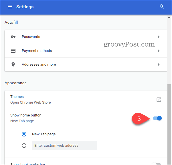 select toggle to show home button in chrome