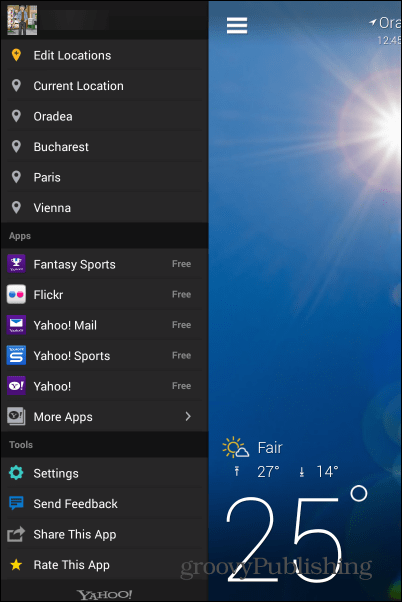 Yahoo! Weather Android app menu
