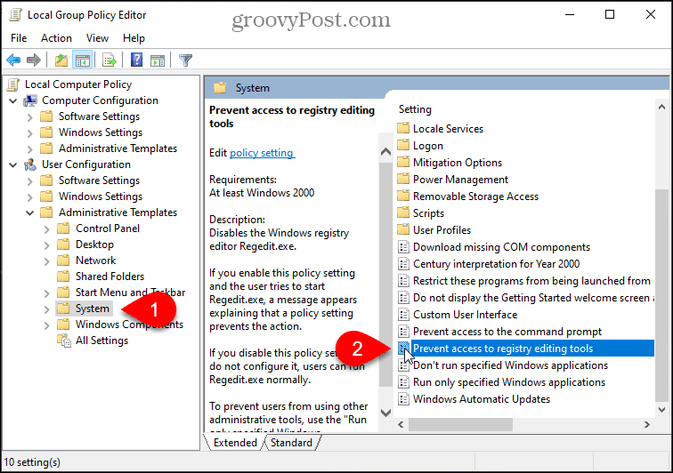 Prevent access to registry editing setting