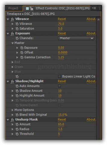 Here's a closeup of the specific values I used for the effects I applied - use these for yourself if you want to. But remember - these values will vary depending on camera, file quality, resolution, capture settings and more.