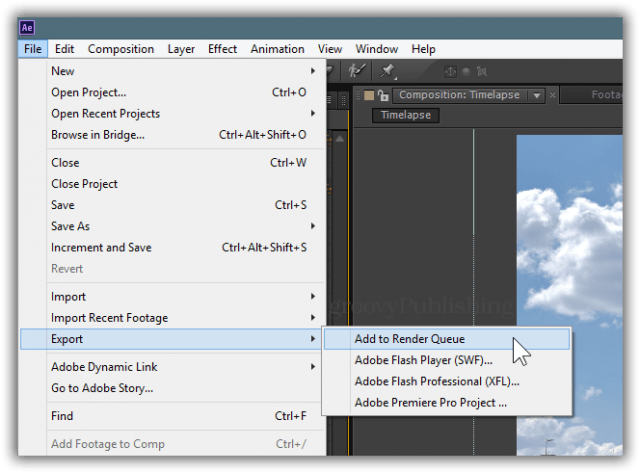 Once you're ready to export you can go to File > Export > Add To Render Queue.