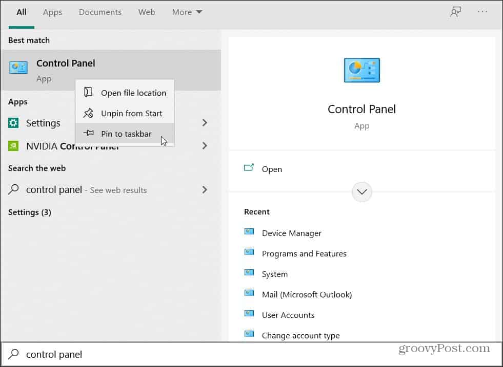 Pin Control Panel Taskbar Windows 10