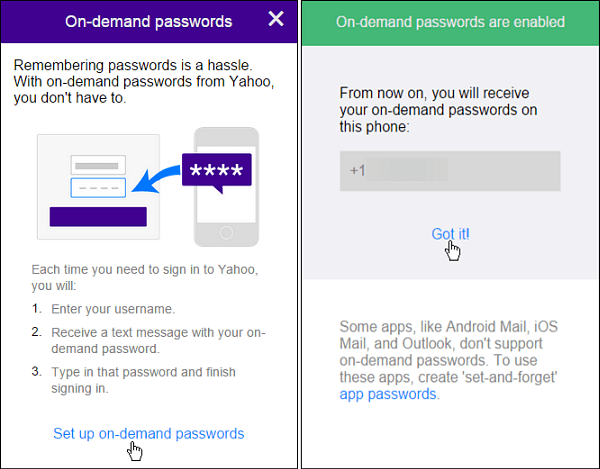 yahoo on demand passwords