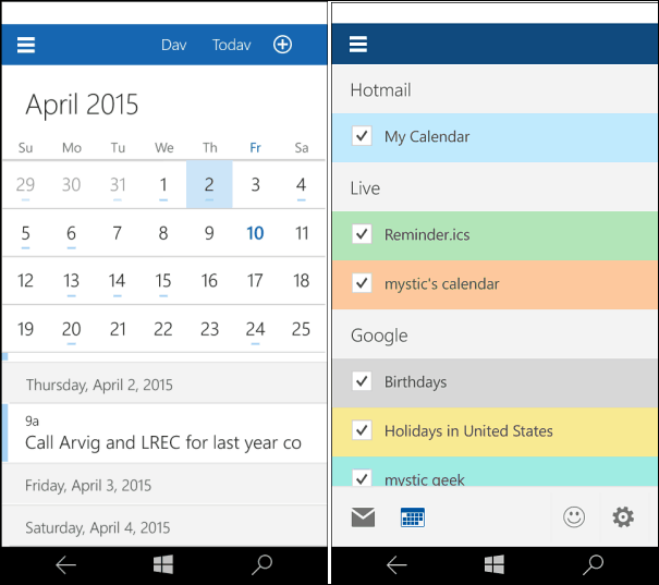 Windows 10 for Phones Calendar