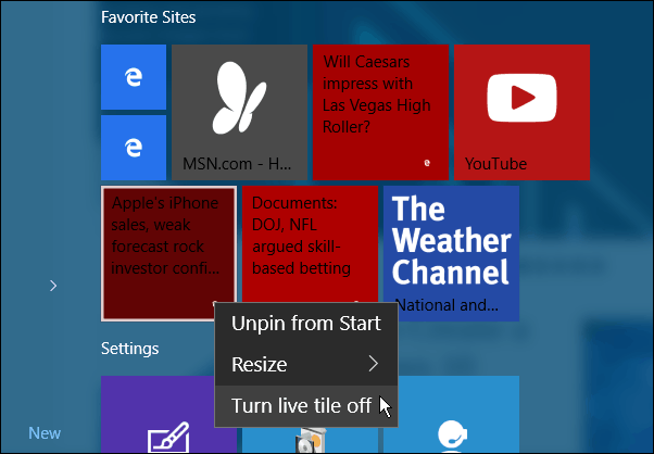 Turn of Live Tile Windows 10 Start Menu