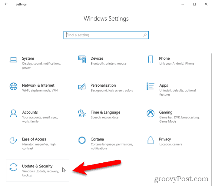 Click Update & Security in Windows 10 settings