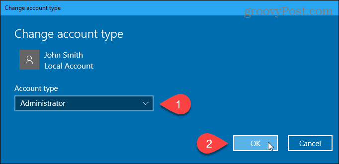 Change account type dialog box