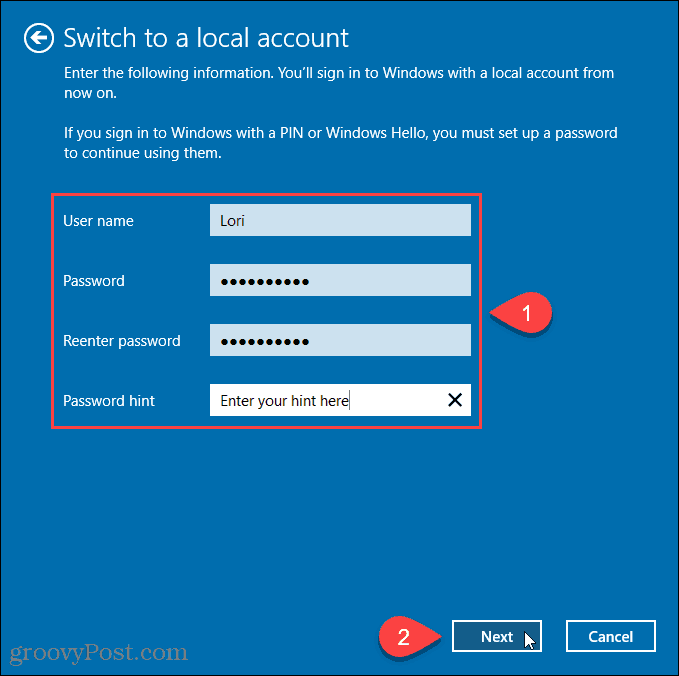 Enter User name and Password for new local account