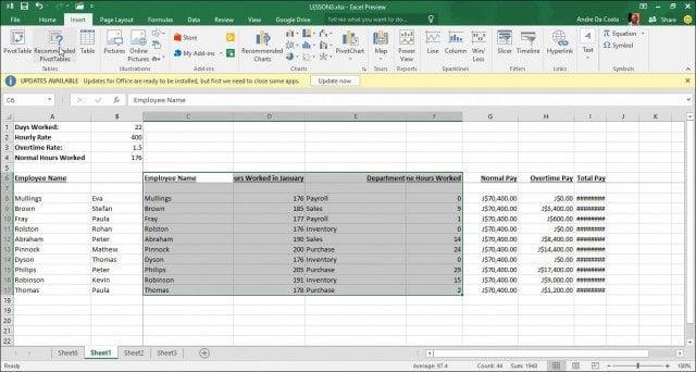Excel pivot table Create a