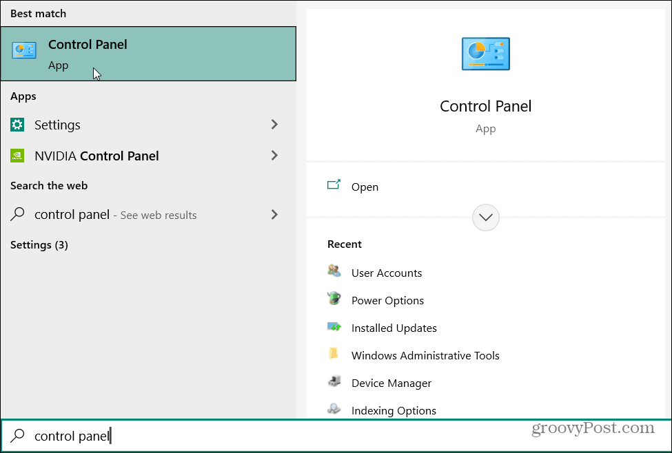 control panel search