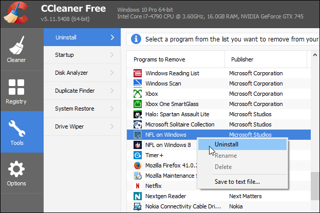 CCleaner Uninstall Universal Apps