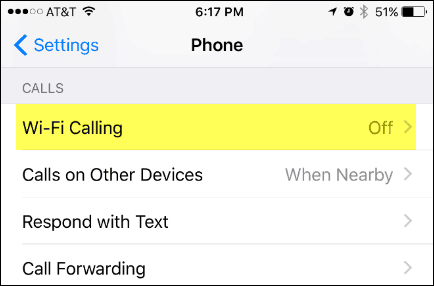 WiFi Calling on the iPhone Settings Menu