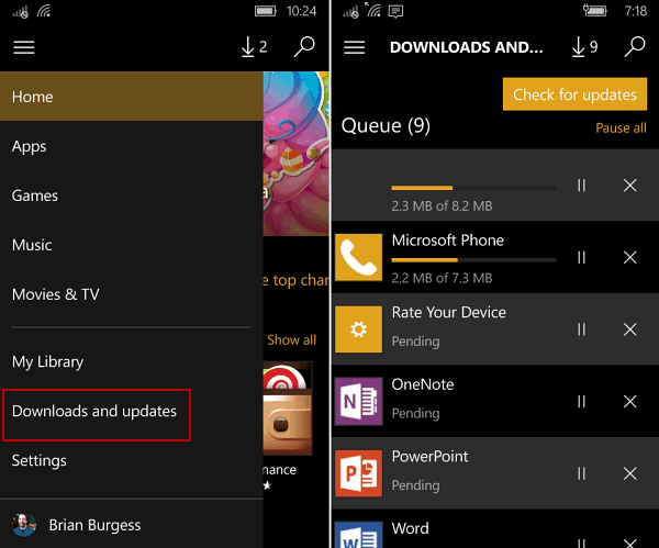 manual update apps Windows 10 Mobile