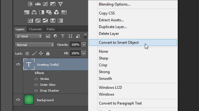 Cheat Photoshop Text Layer Transformations Trick layer effects disabled layers panel Photoshop convert to smart object