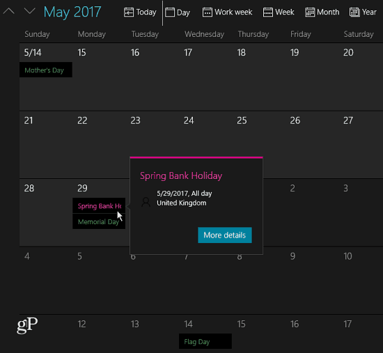 holidays added to calendar