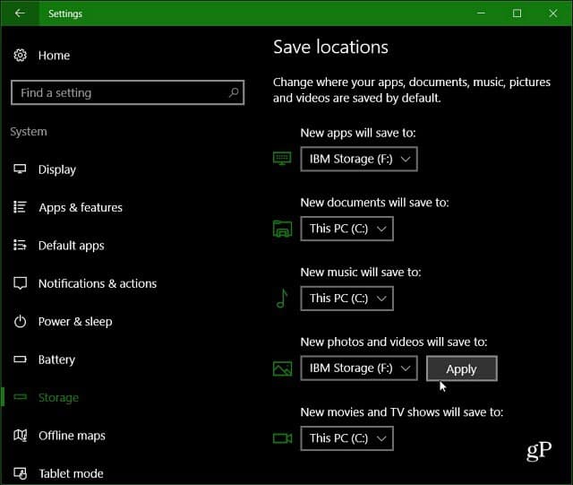 win 10 change storage location for items