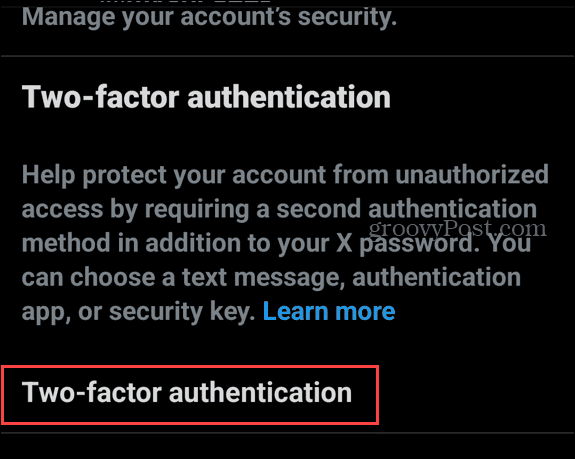 two factor authentication from menu