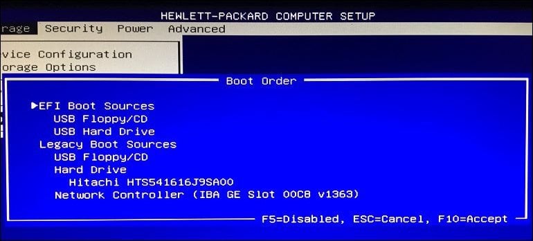 Hewlett Packard BIOS boot order menu