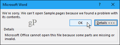 Can't open Pages document in Word