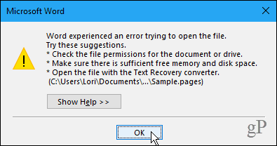Word experienced an error dialog box