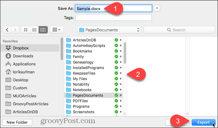 Select location for exported file and click Export in Pages for Mac