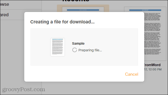 Pages on iCloud preparing the Word file