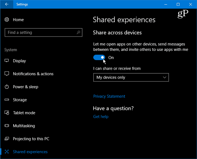 Shared Experiences Settings