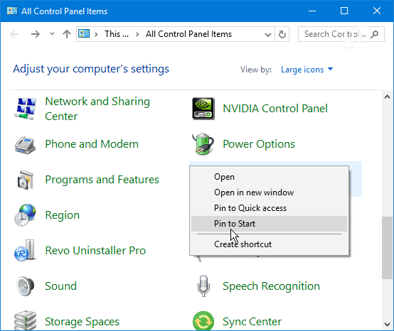 Pin Control Panel Item Windows 10 Start