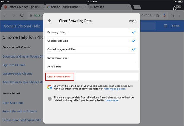Clear Browsing Data Chrome app iOS