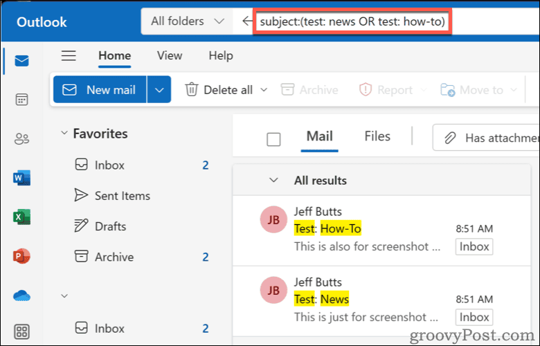 Search new outlook using OR