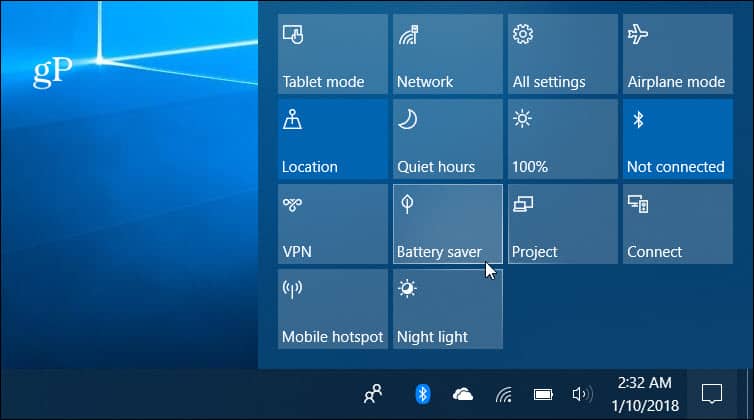 Windows 10 Battery Saver Action Center