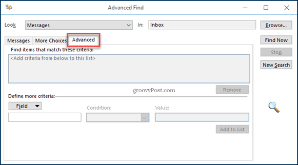 advanced find dialog in outlook