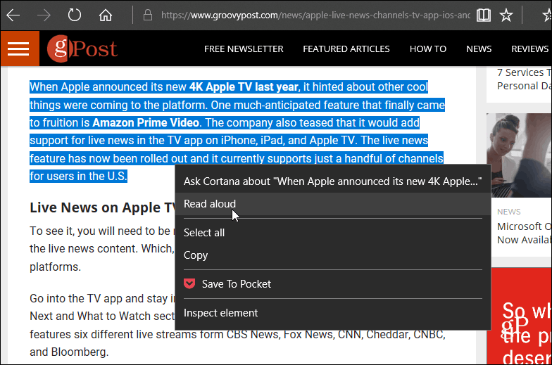 Select Text on Page to Read Aloud Edge