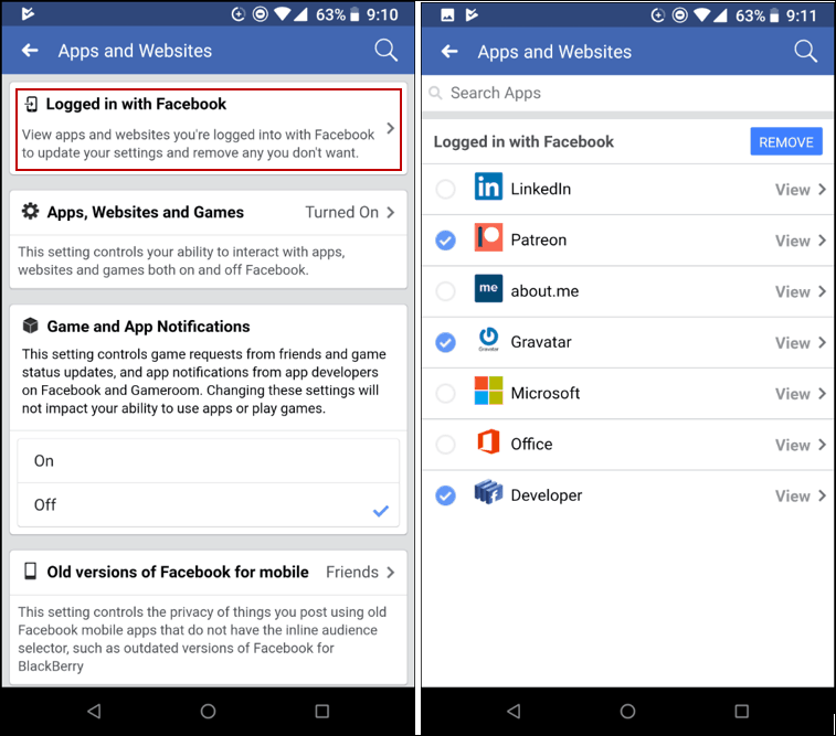 Remove Apps Facebook Mobile