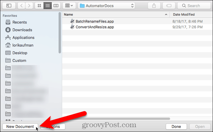 Click New Document in Automator on Mac