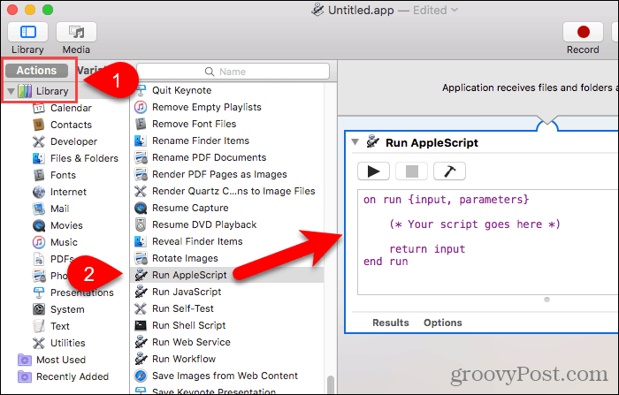 Drag Run AppleScript to workflow panel in Automator