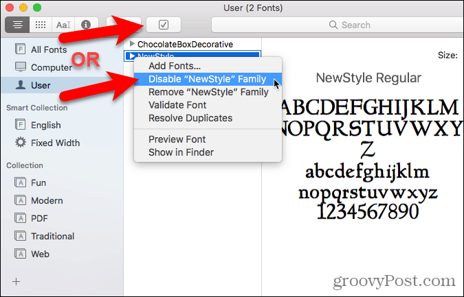 Disable font in Font Book