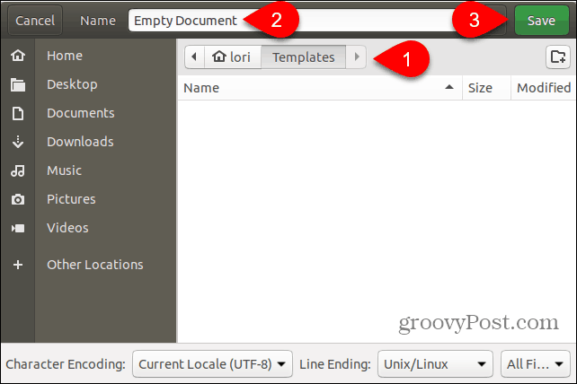 Save the Empty Document template file in the Templates folder in Ubuntu