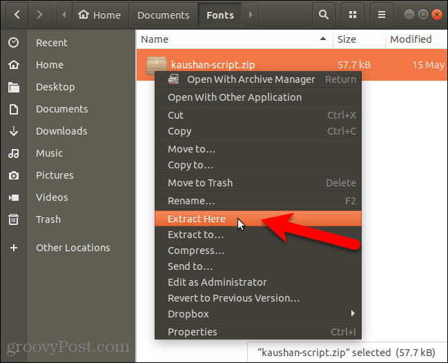 Extract font file in Nautilus in Ubuntu