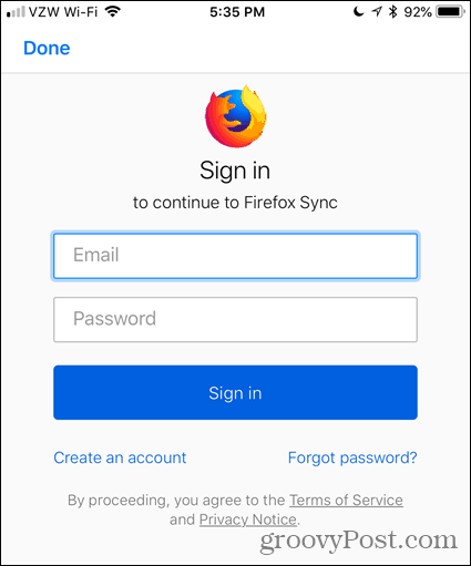 Enter your email and password in Firefox for iOS