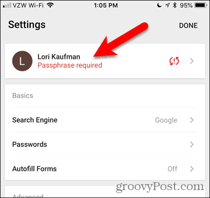 Tap Passphrase required in Chrome for iOS