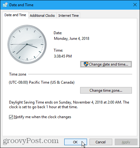 Date and Time dialog box in Windows