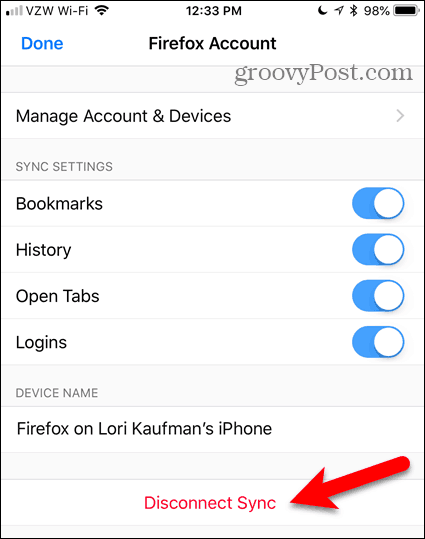 Tap Disconnect Sync in Firefox for iOS